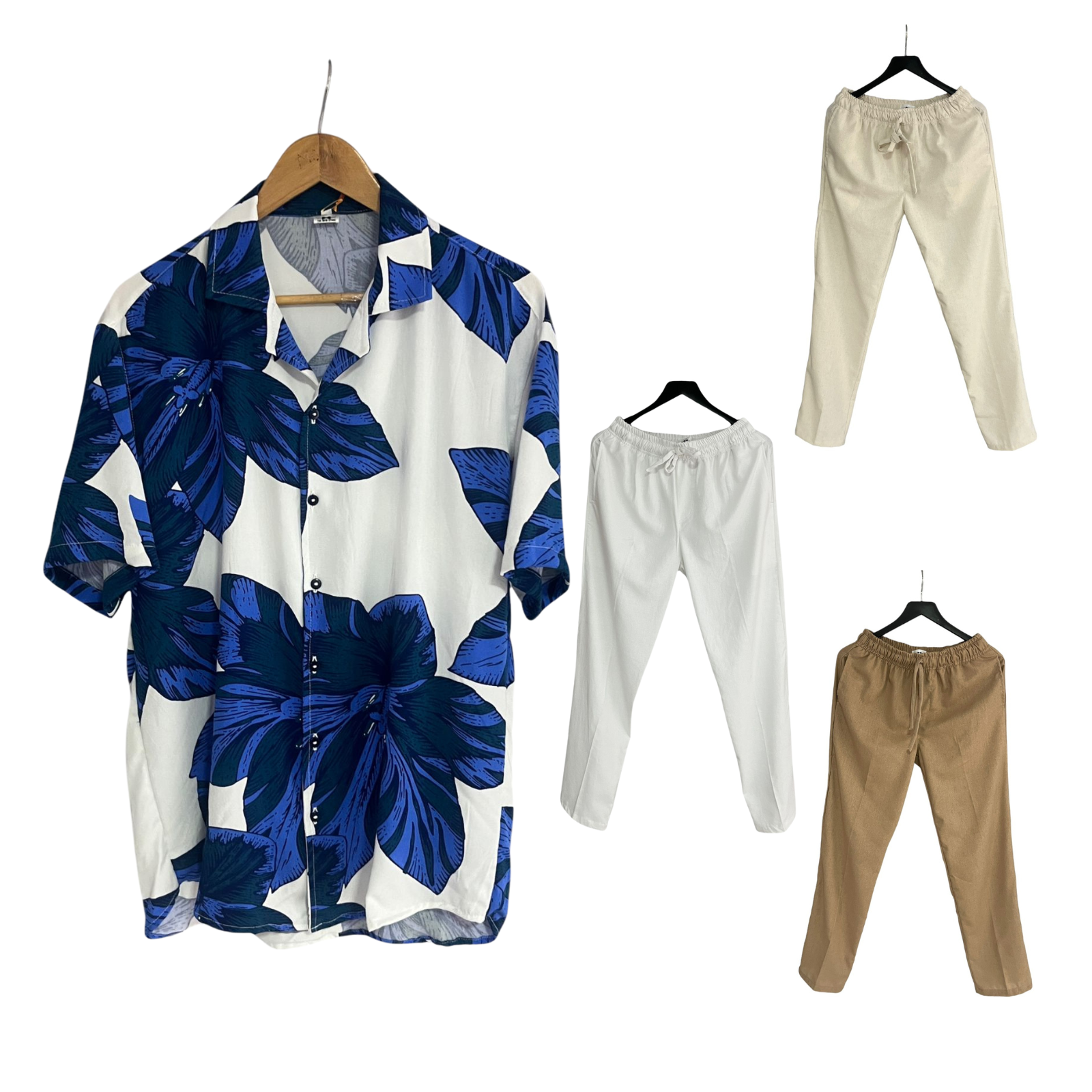 Conjunto Pantalon Lino / Camisa Floral Azul Regular Fit Rayon
