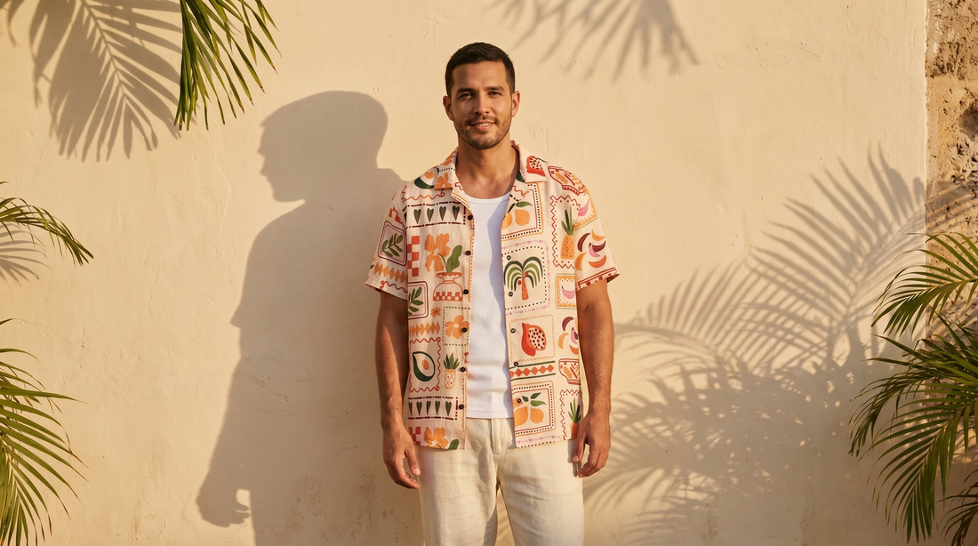Hombre con camisa estampada de lino frente al mar caribe colombiano