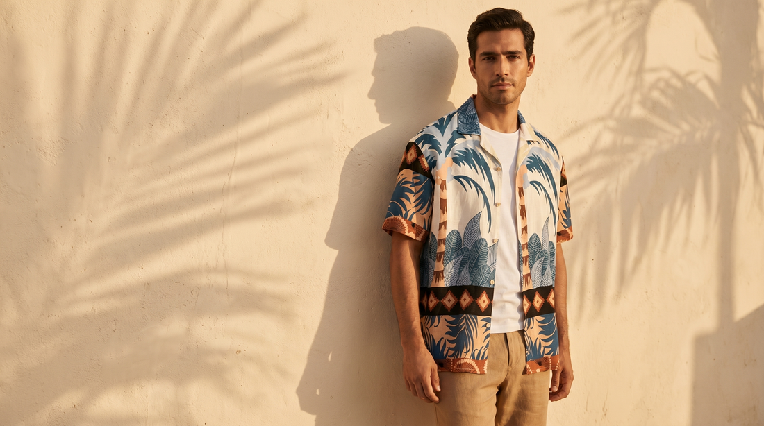 Comparativa visual de camisa de lino y camisa de Rayón/Chalís sobre fondo de madera