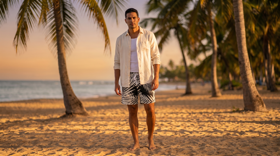 Comparativa visual de bermuda, pantaloneta y bañador masculinos sobre fondo de arena