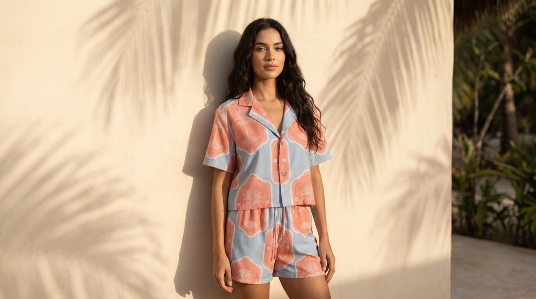 Mujer con croptop tropical y pantalón ancho de lino caminando bajo palmeras