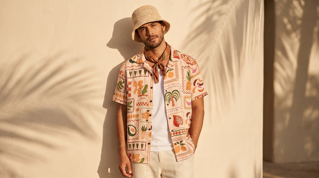 Mujer y hombre con buckethat y bandana en playa con palmeras al fondo