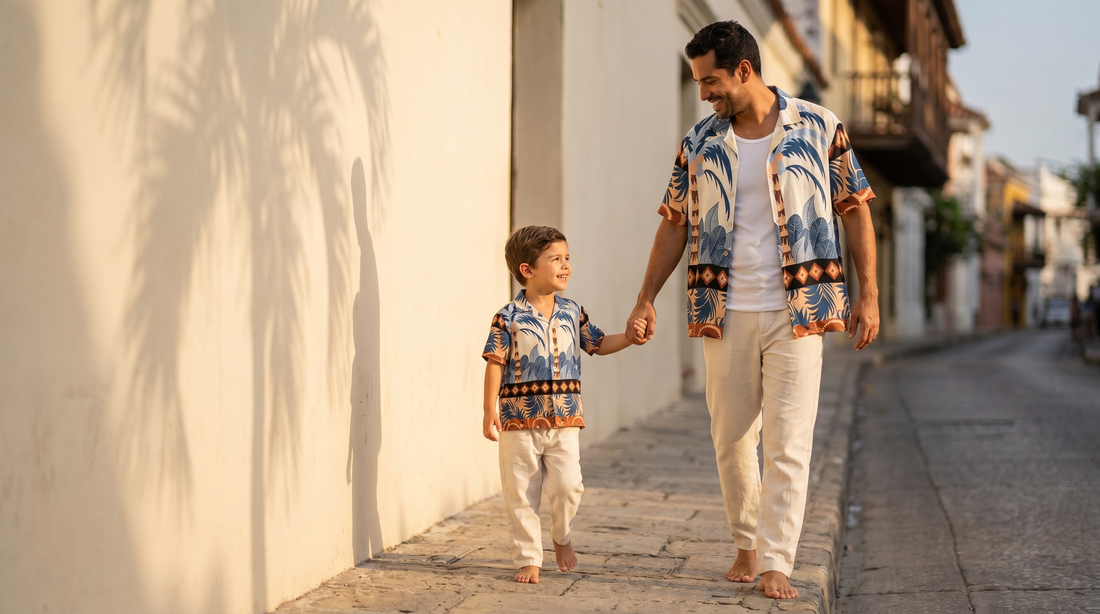 Niño con camisa estampada y bermuda de lino jugando en la arena con su padre