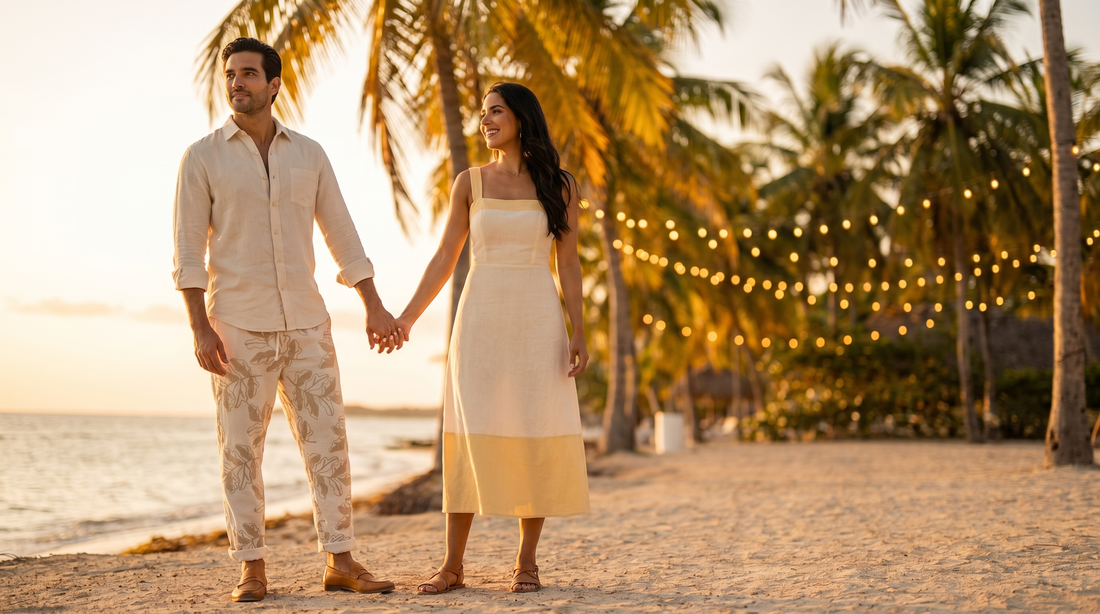 Pareja con outfit elegante para boda en la costa: él con conjunto de lino, ella con conjunto matching