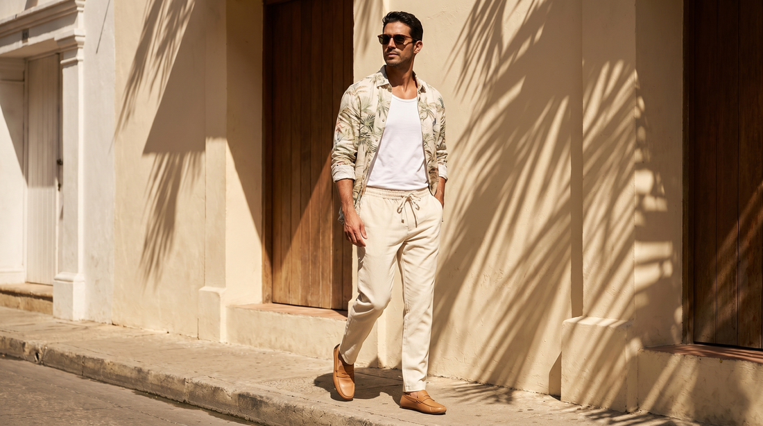 Cinco outfits costeños frescos sobre fondo blanco con accesorios complementarios
