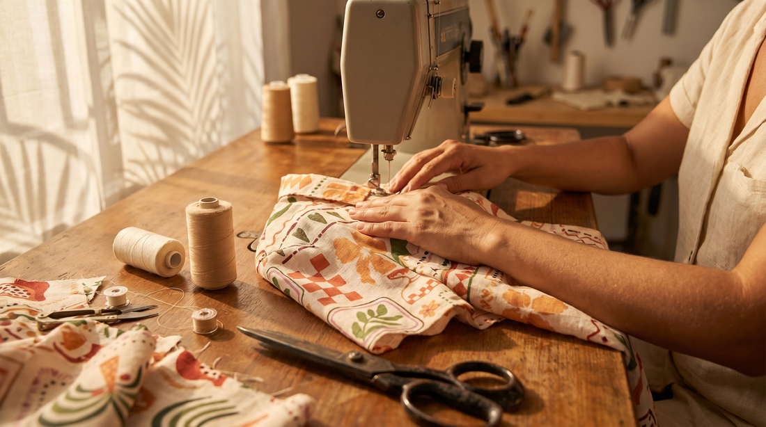 Manos de costurera trabajando una camisa de lino en taller de Barranquilla