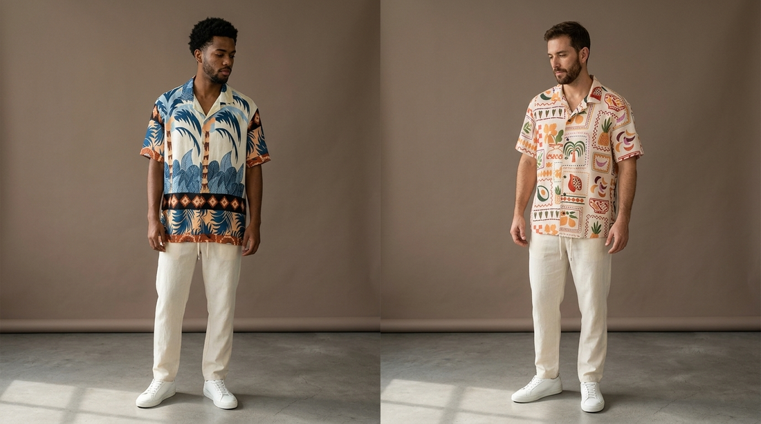 Dos hombres modelando camisas estampadas Mow Store: Camisa Rodadero Lino y Camisa Frutiño Lino en estudio editorial
