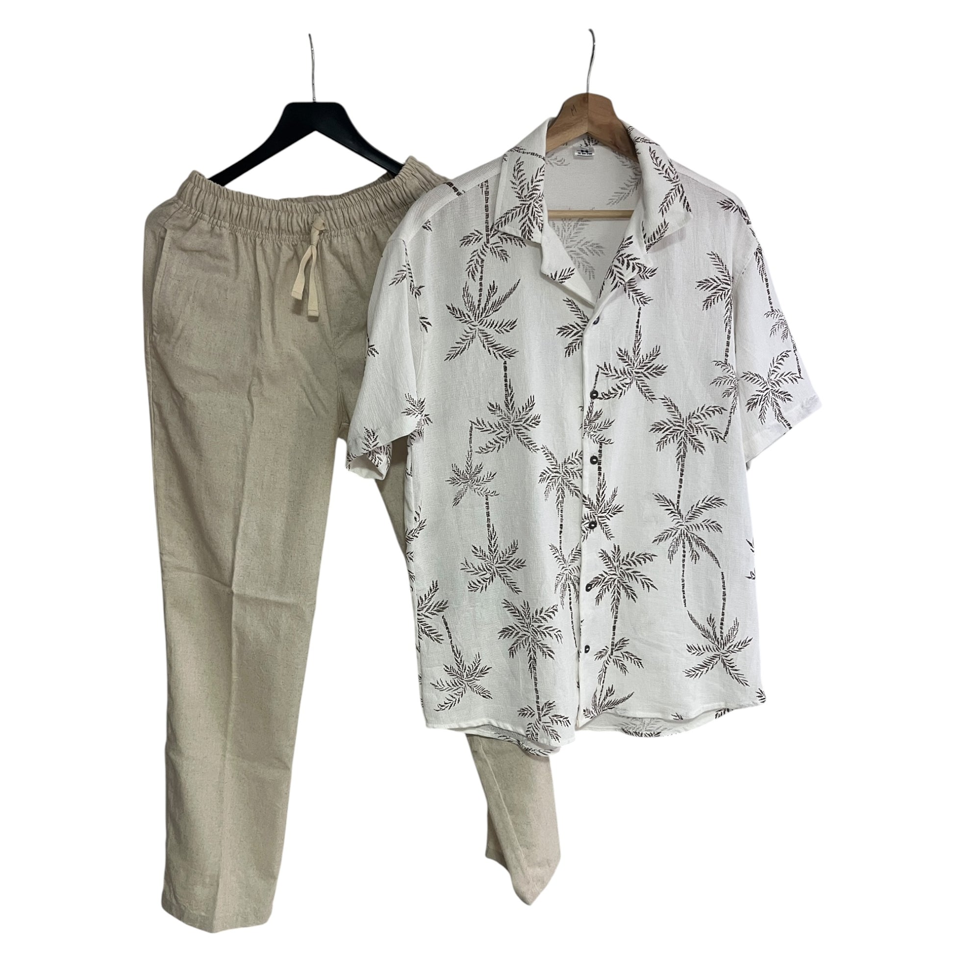 Conjunto Camisa Palmeras Cafe Pantalon Lino Crudo