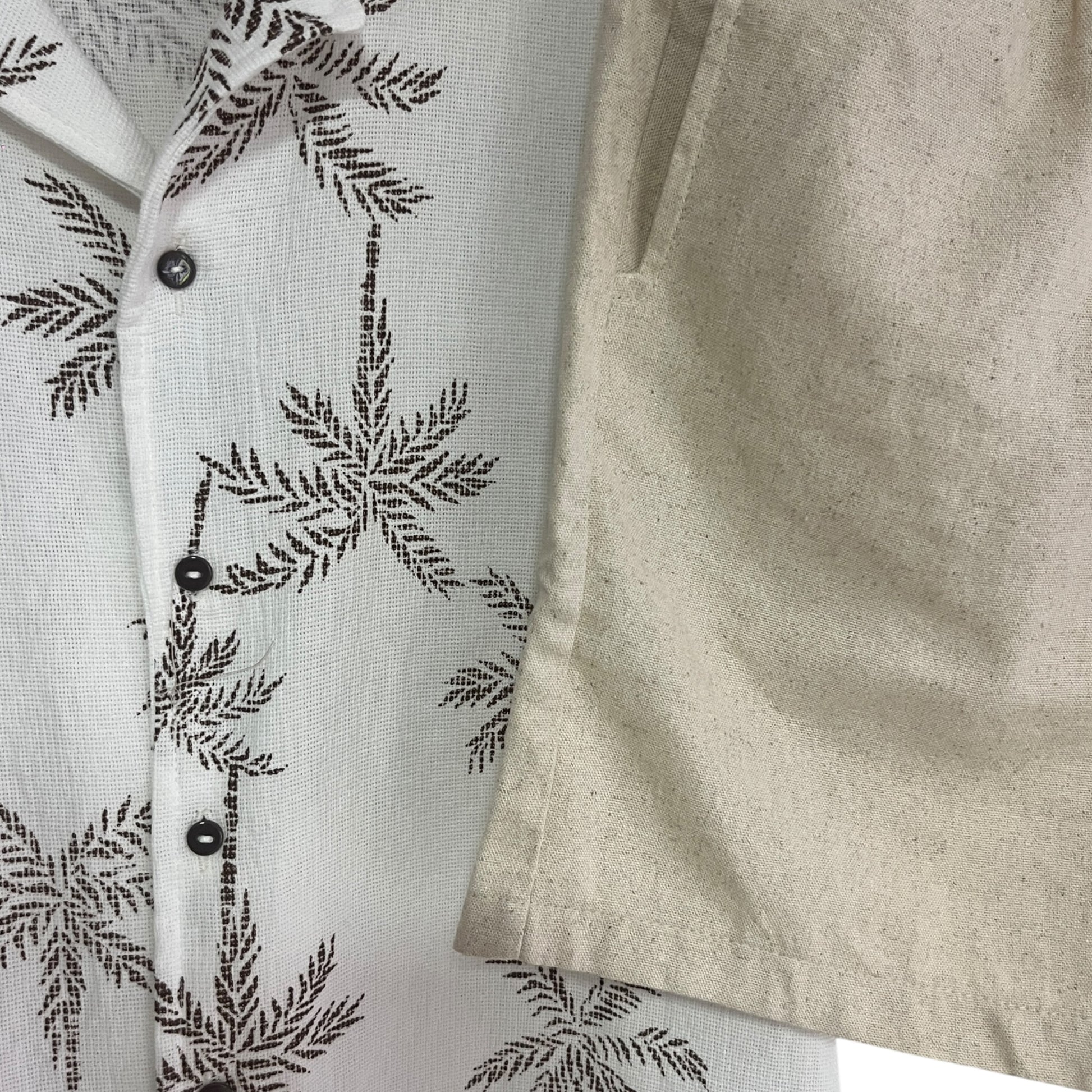 Conjunto Camisa Palmeras Cafe Bermuda lino Crudo