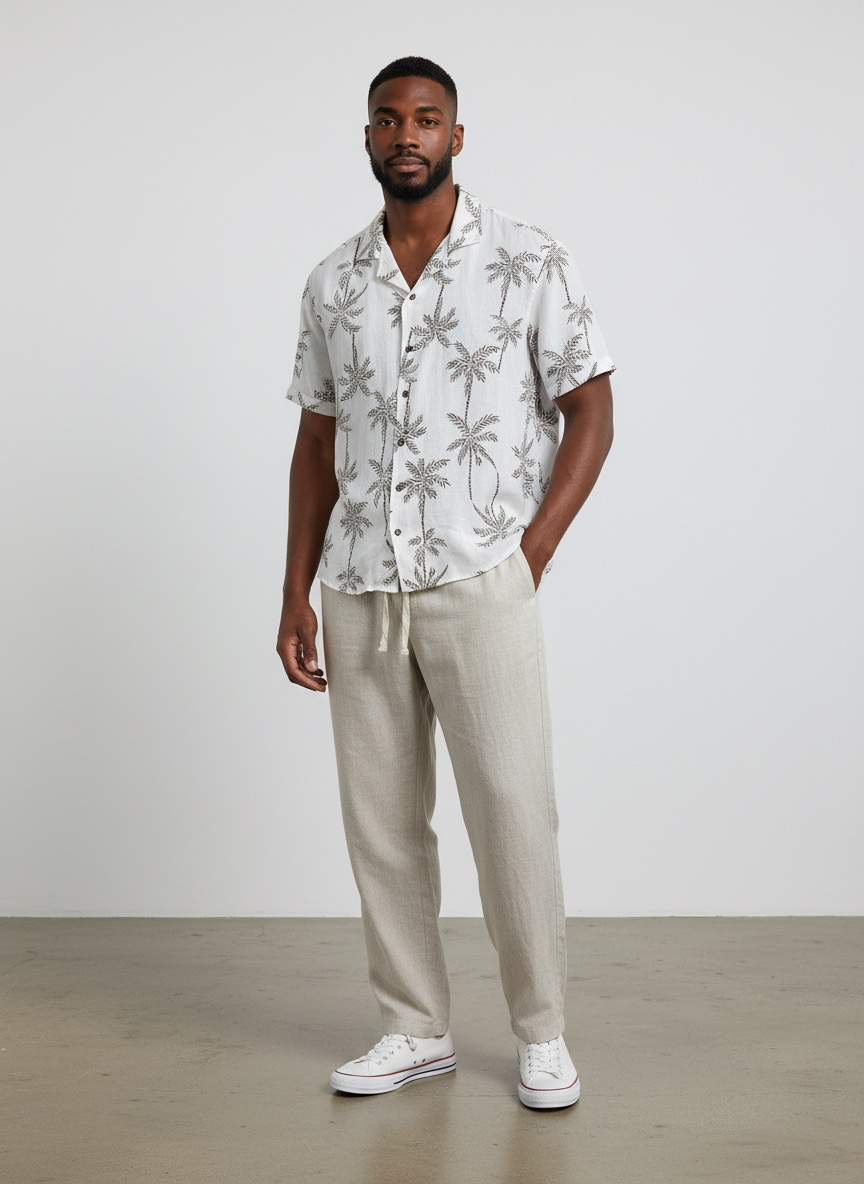 Conjunto Camisa Palmeras Cafe Pantalon Lino Crudo