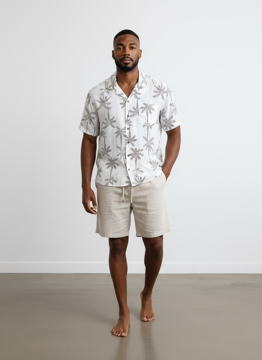 Conjunto Camisa Palmeras Cafe Bermuda lino Crudo