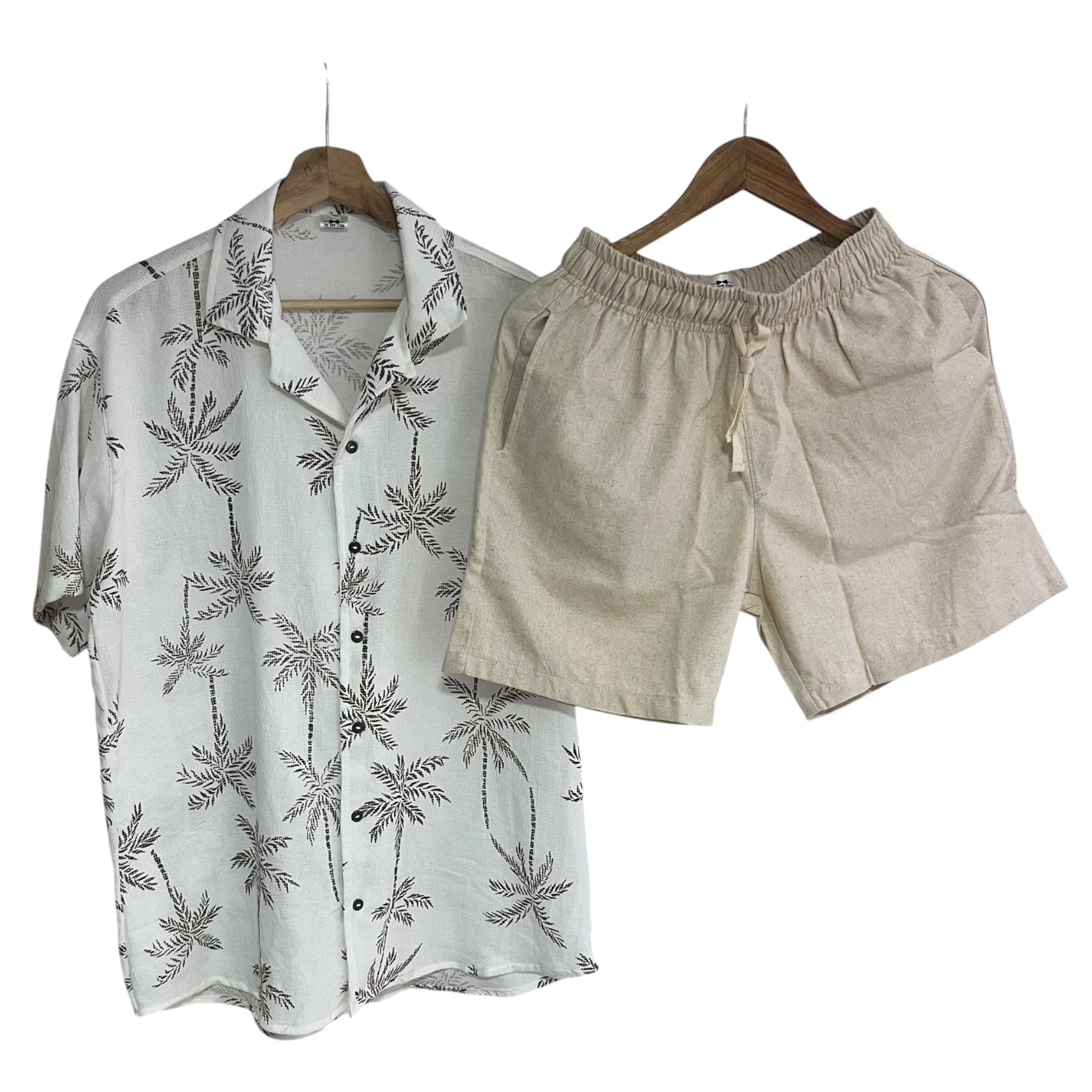 Conjunto Camisa Palmeras Cafe Bermuda lino Crudo
