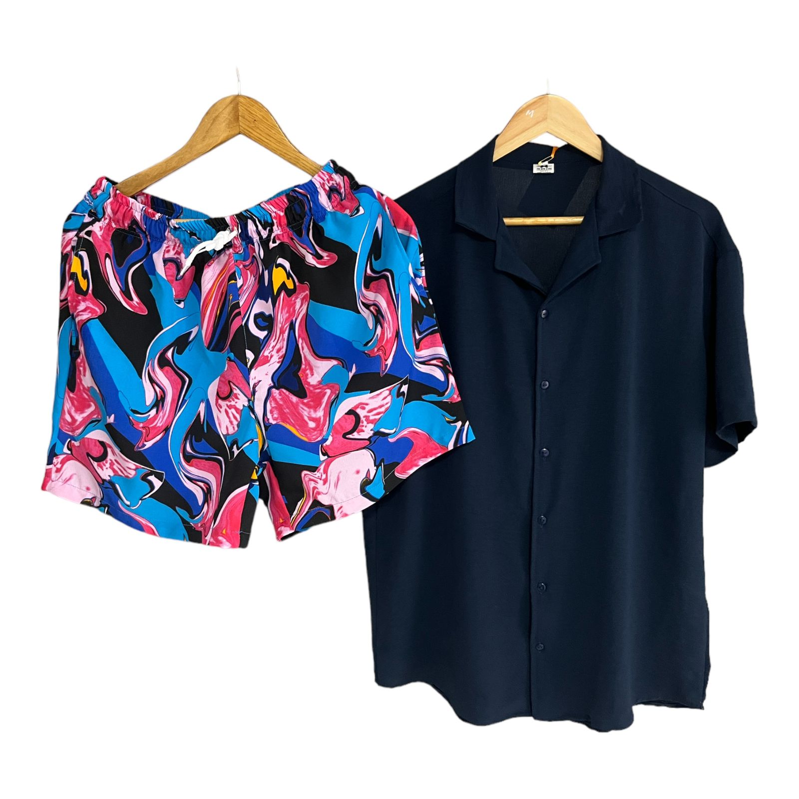 Conjunto Azul Corrugada Regular Fit/ Bermuda Estampada