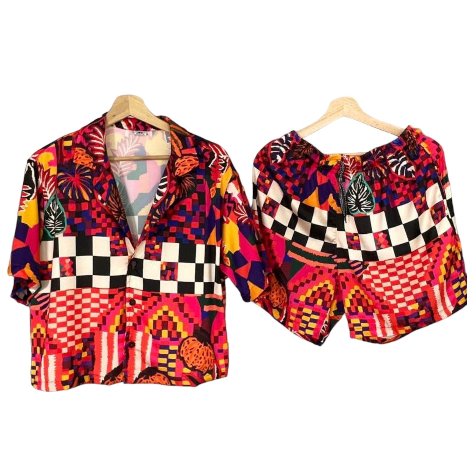 Conjunto Croptop Tropical Rojo Regular Fit Seda Satinado