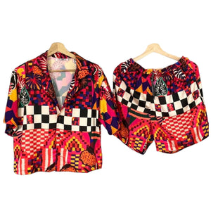 Conjunto Croptop Tropical Rojo Regular Fit Seda Satinado