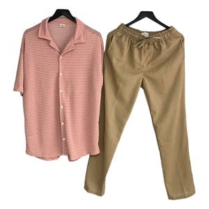 Conjunto Pantalon Kaki Lino Olan /Camisa Crochet Palo e Rosa Regular Fit