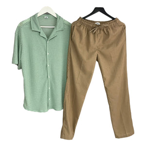 Conjunto Pantalon Kaki Lino Olan /Camisa Crochet Verde Menta Regular Fit