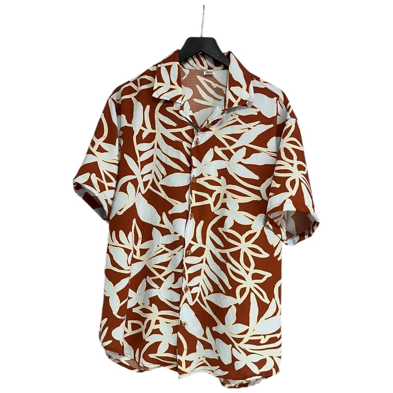 Camisa Tropical Vinotinto Hojas Azul Cielo Seda Texturizada