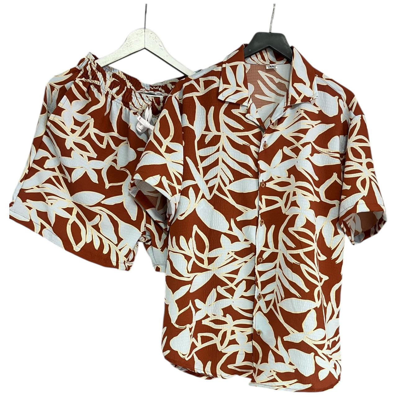 Conjunto Tropical Vinotinto Hojas Azul Cielo Seda Texturizada