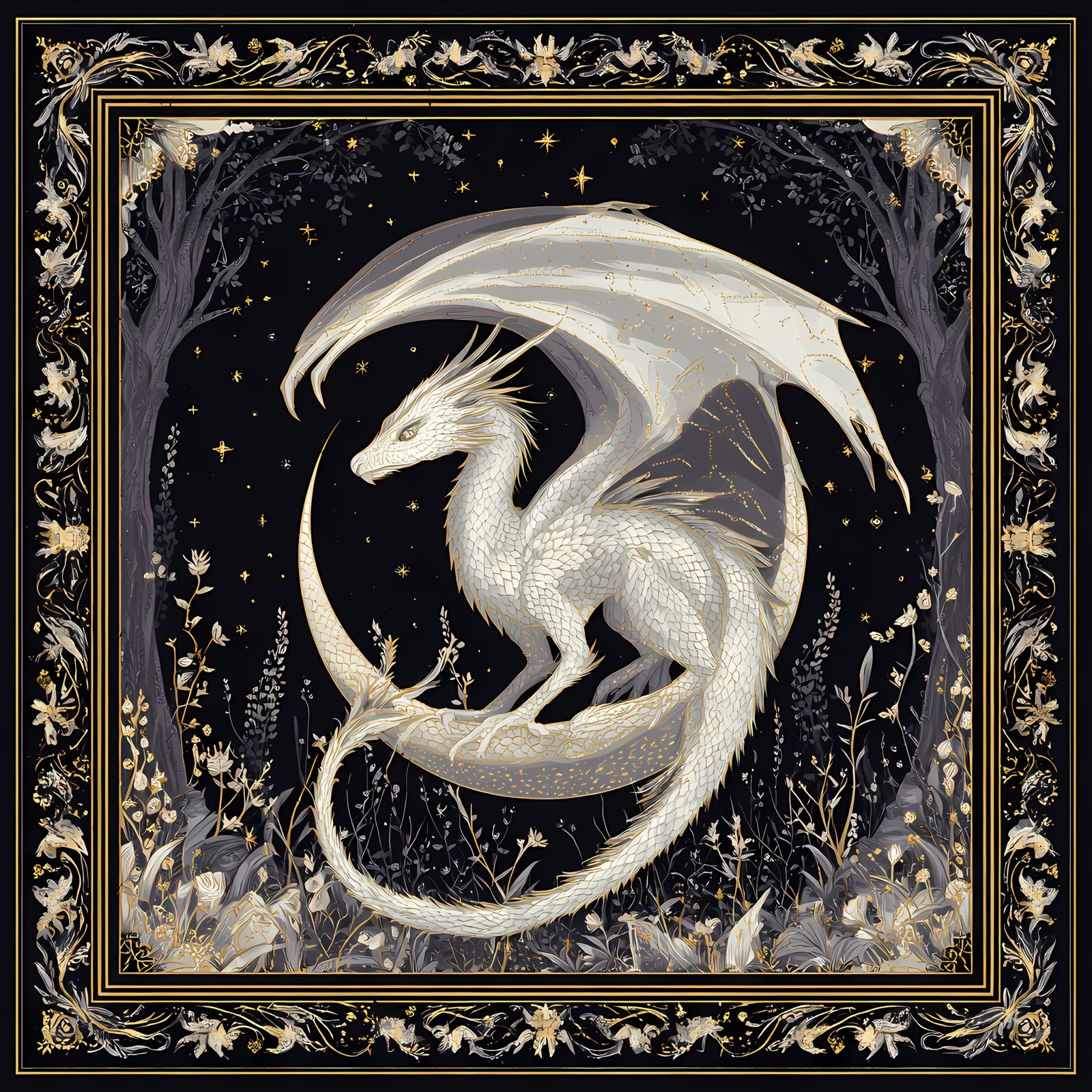 Pañoleta Dragon Blanco Seda Satin