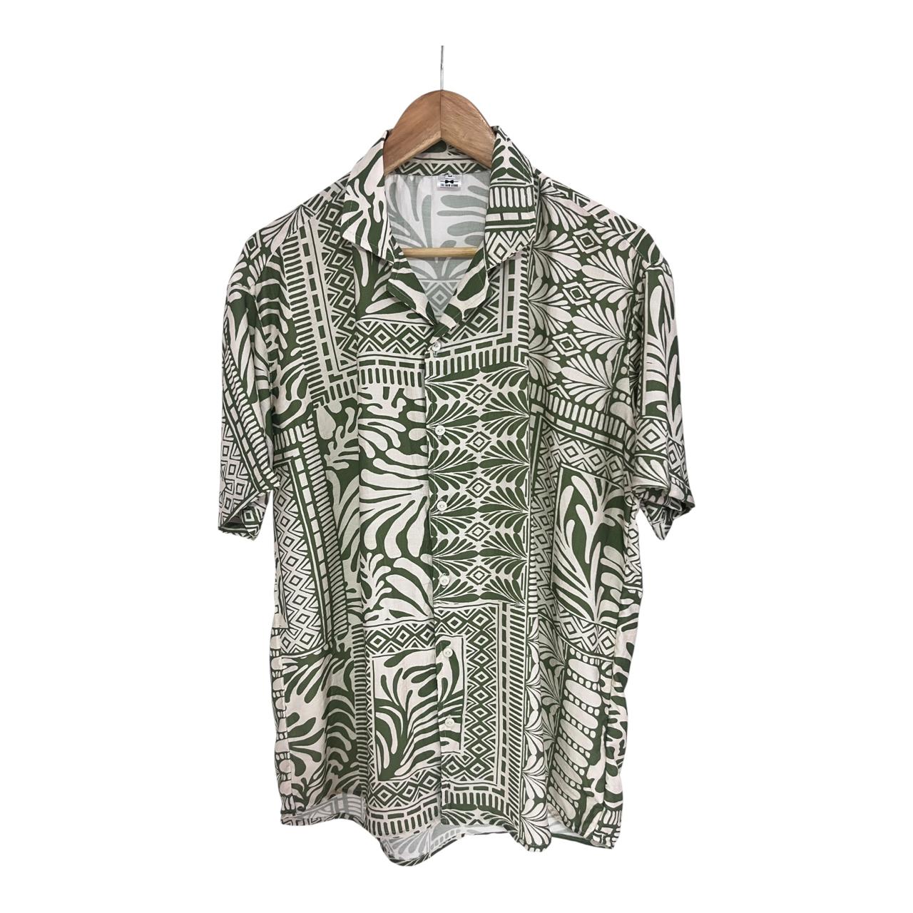 Camisa Tribal Verde Crema Regular Fit Lino Delgado
