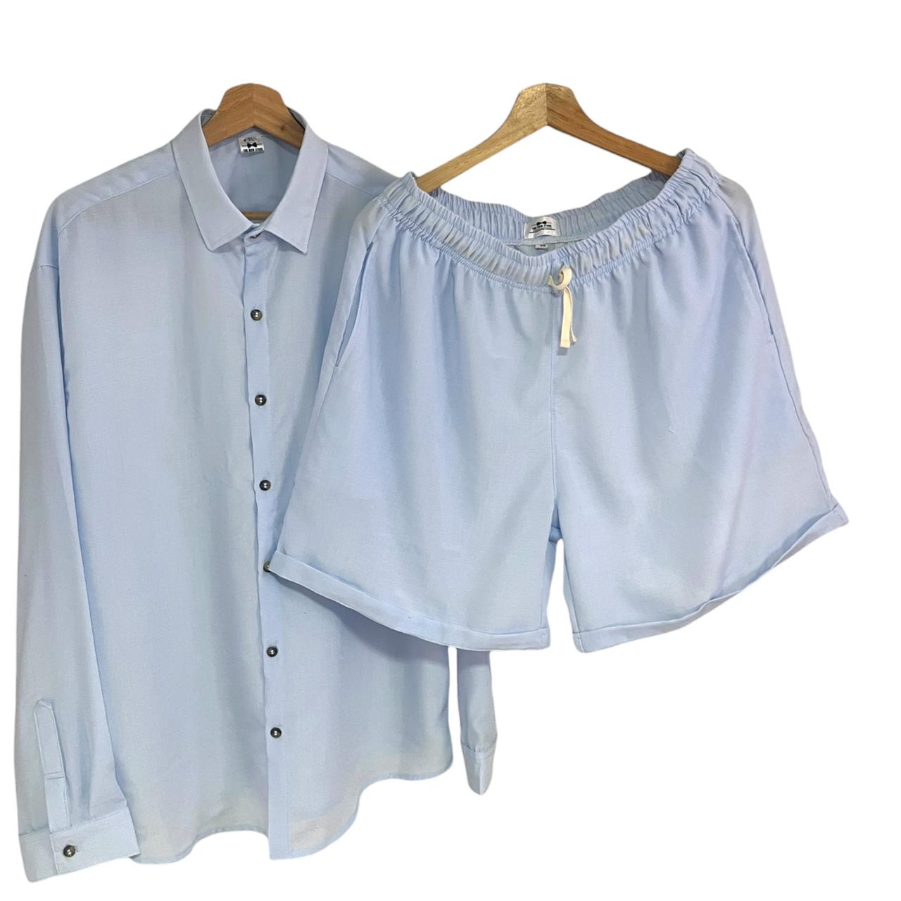 Conjunto Manga Larga Azul Claro Lino