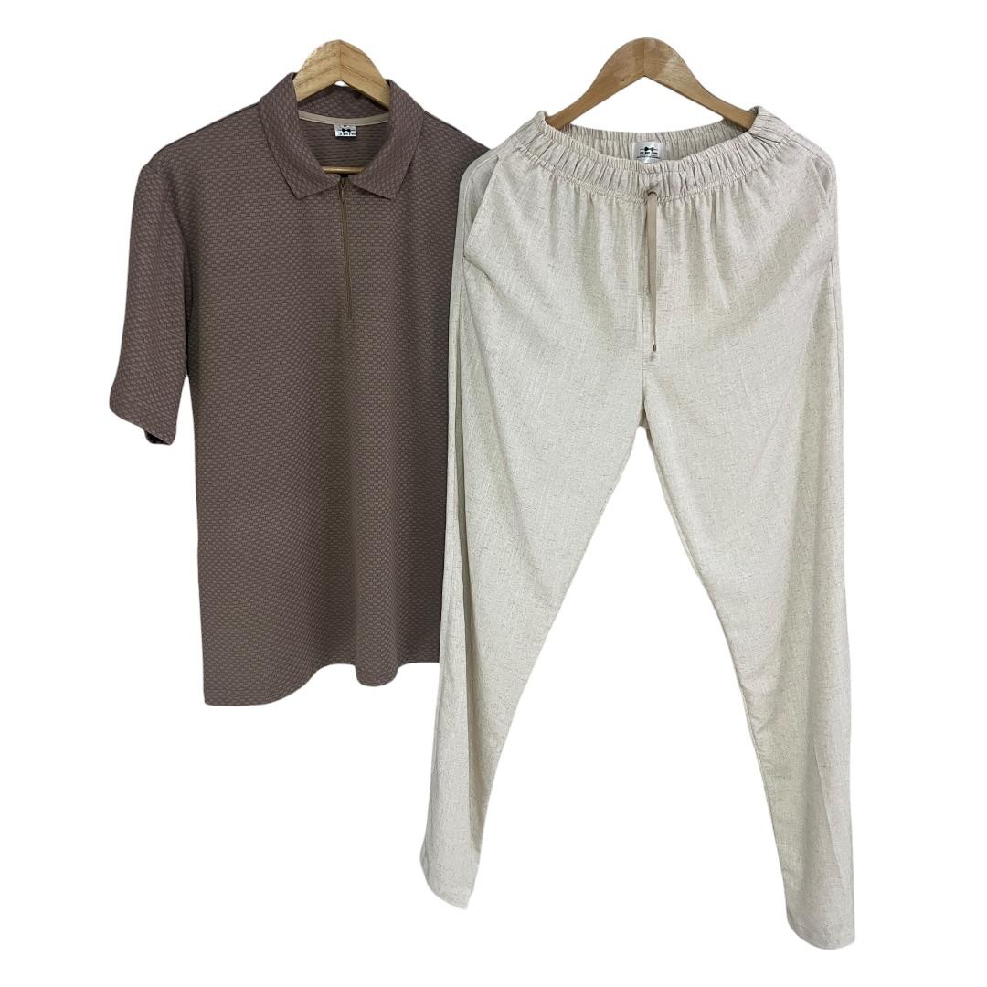 Conjunto Polo Cafe Pantalon Crudo Lino