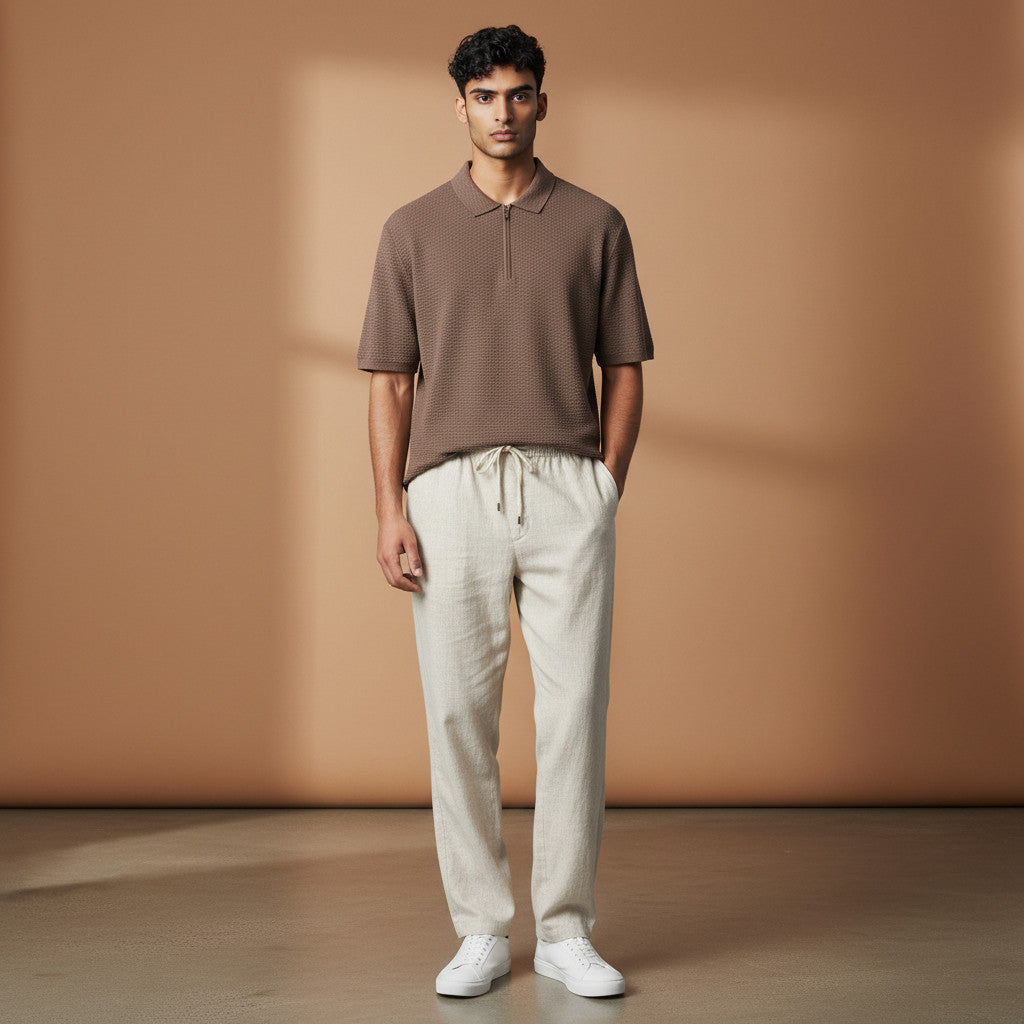 Conjunto Polo Cafe Pantalon Crudo Lino