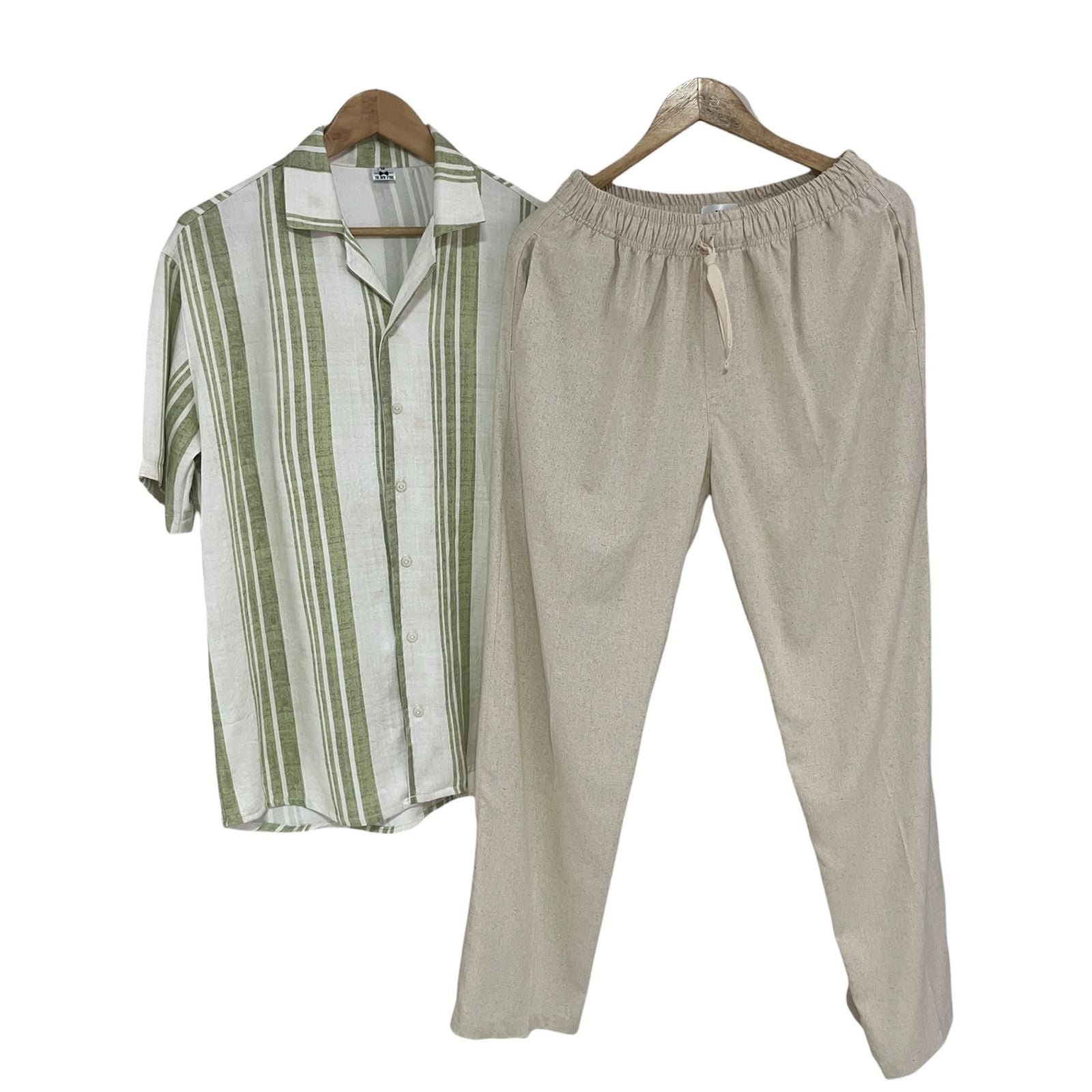 Conjunto Rayas Verdosas Pantalon Lino crudo