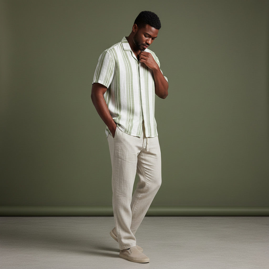 Conjunto Rayas Verdosas Pantalon Lino crudo