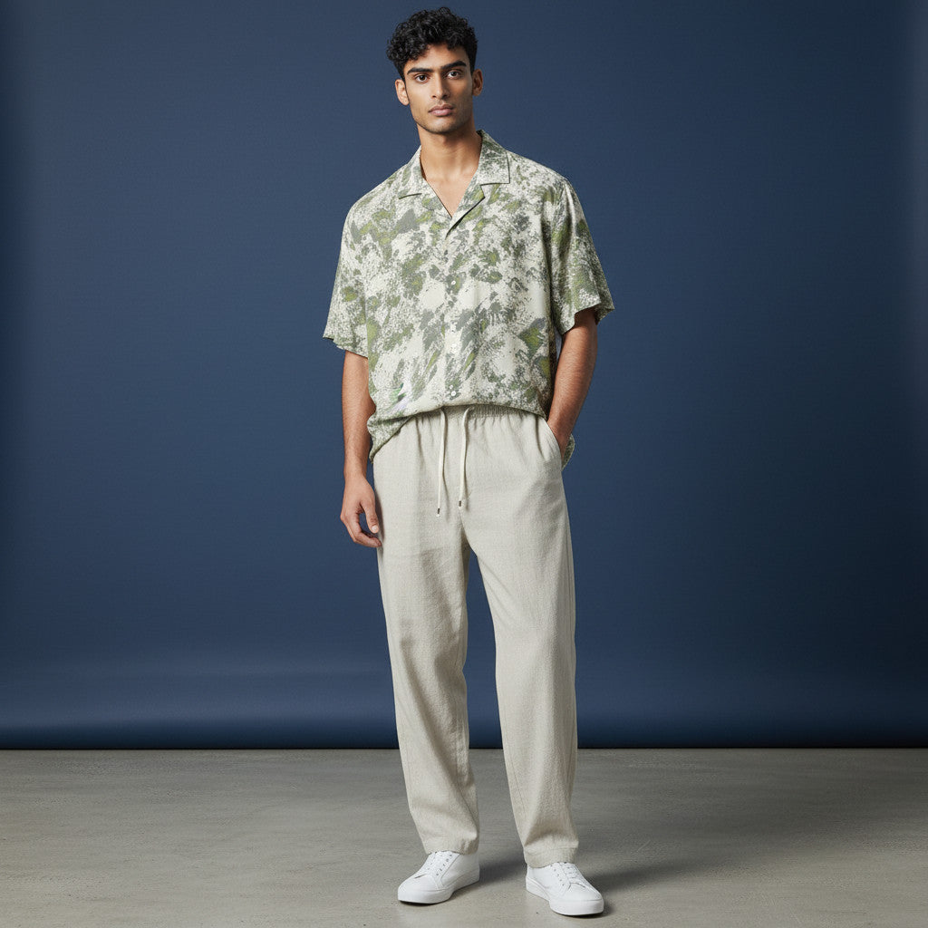 Conjunto Ceniza Verde Rayon Pantalon Lino crudo