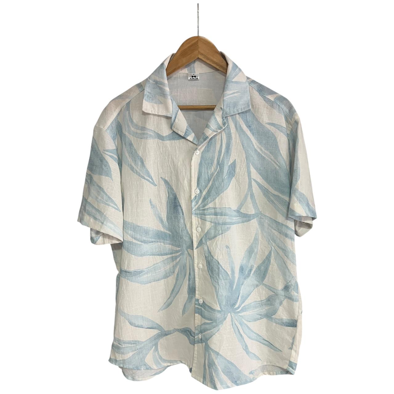 Camisa Hojas Palmas Azules Regular Fit Lino
