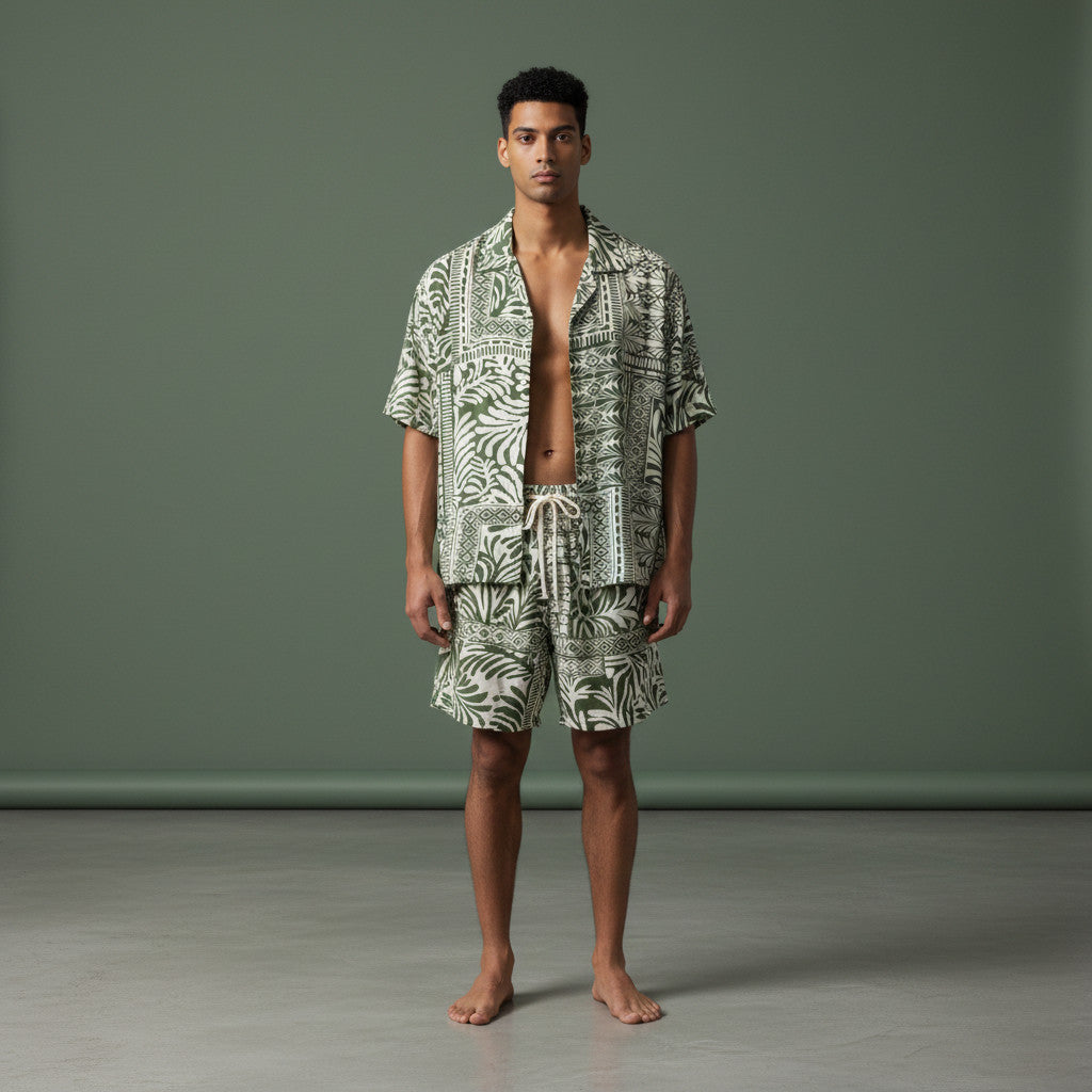 Camisa Tribal Verde Crema Regular Fit Lino Delgado