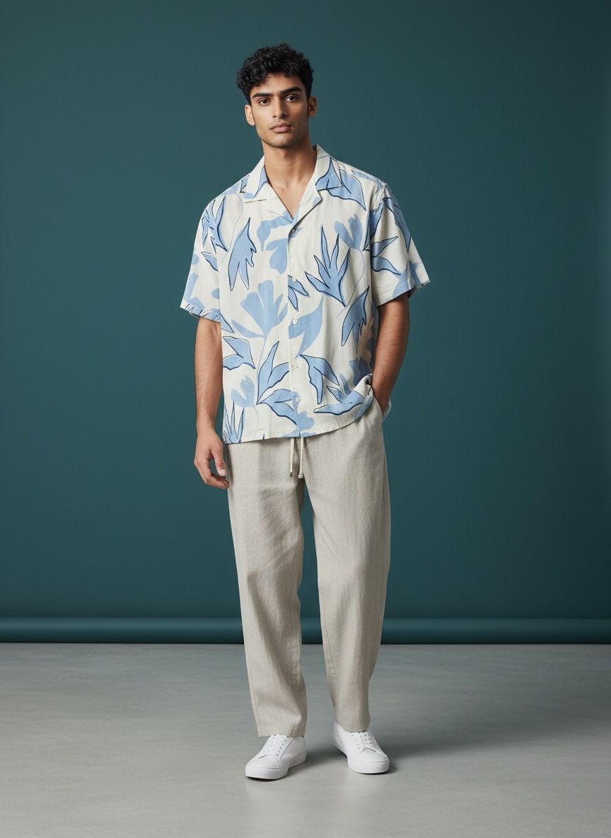 Conjunto Pantalon Lino / Camisa Floral AzulCielo Rayon