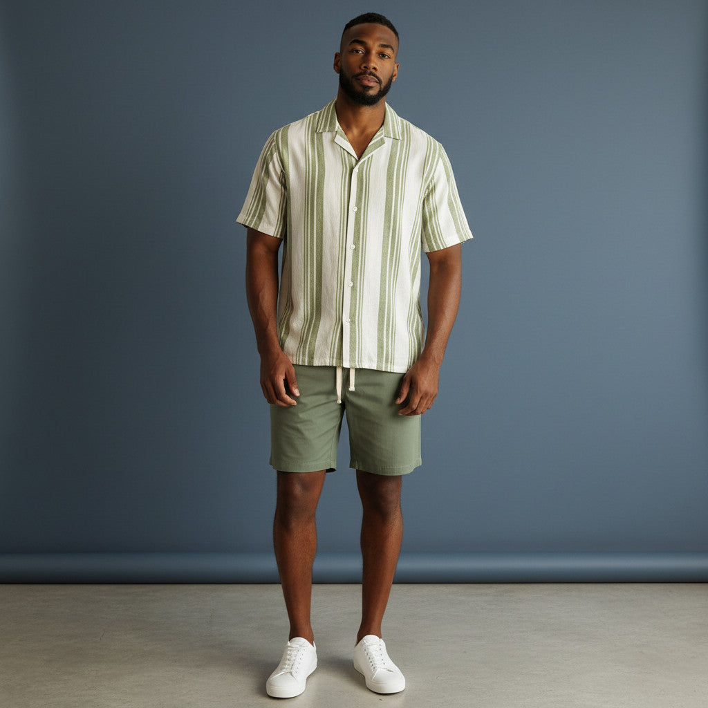 Conjunto rayon rayas Bermuda Verde Lino