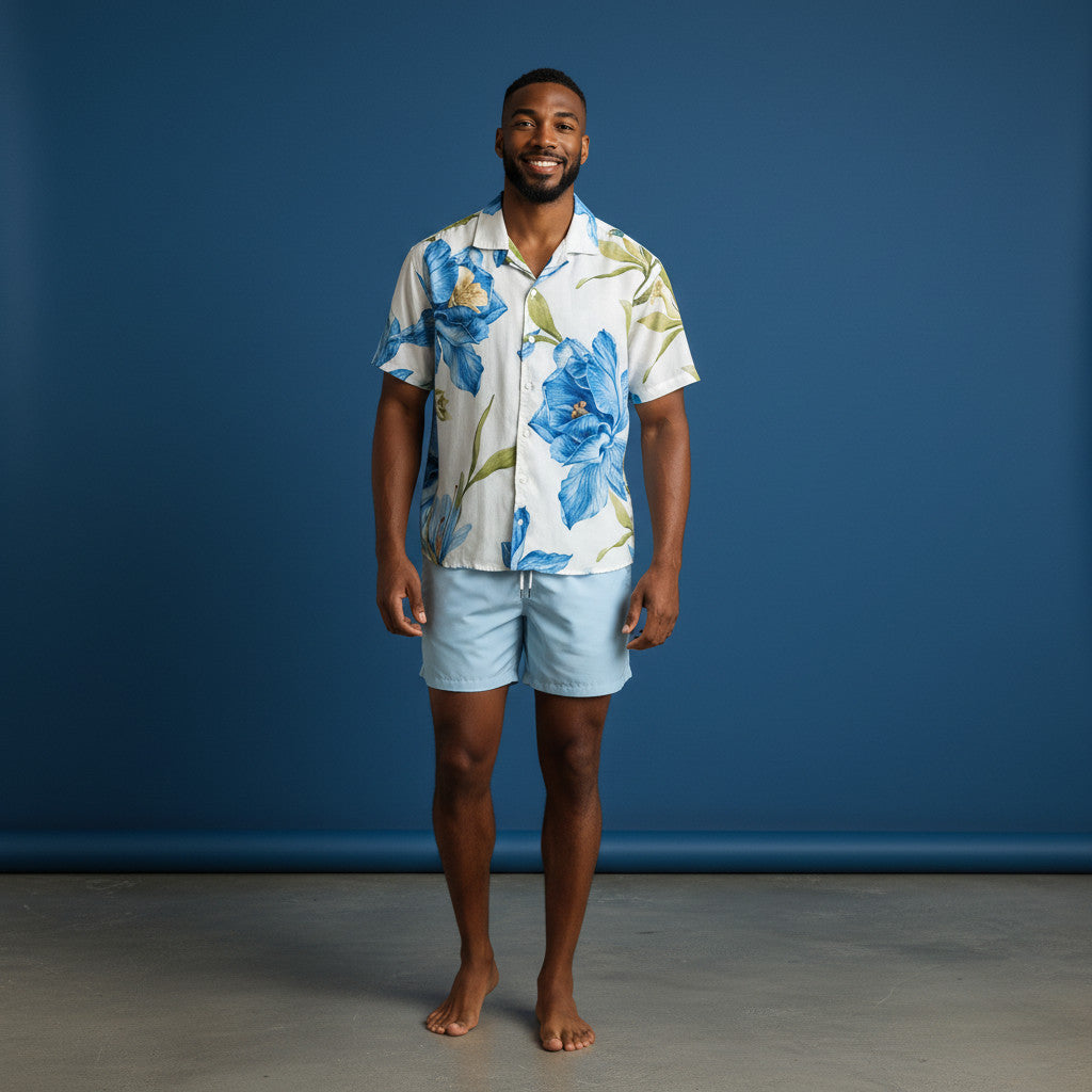 Set Camisa cayena azul lino / Bañadora sin malla a eleccion