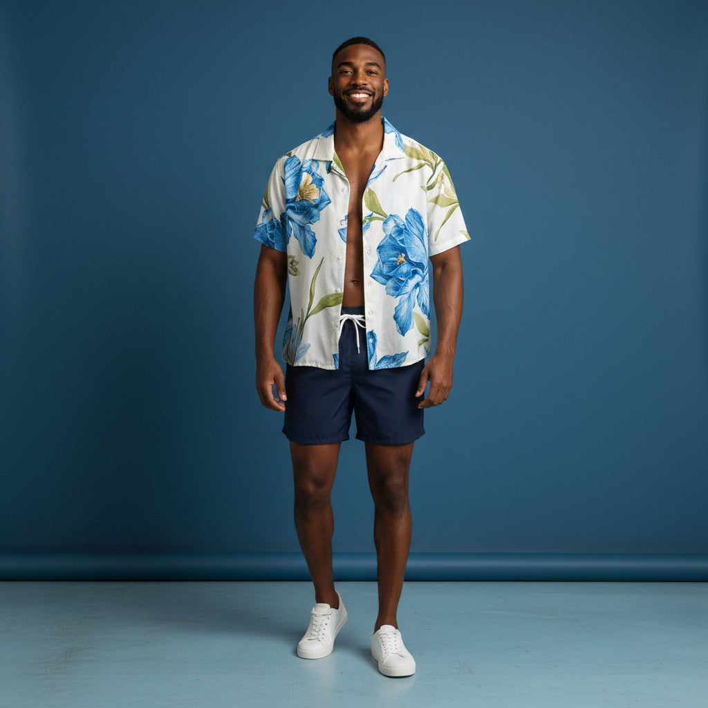 Set Camisa cayena azul lino / Bañadora sin malla a eleccion