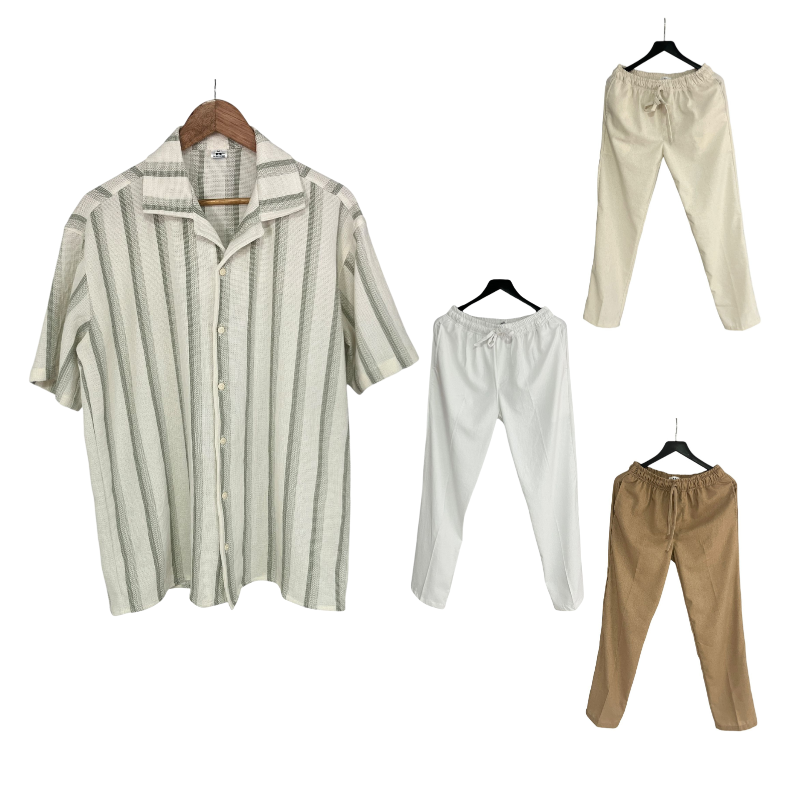 Conjunto Pantalon Lino / Camisa Raya Verde Algodon Tejido