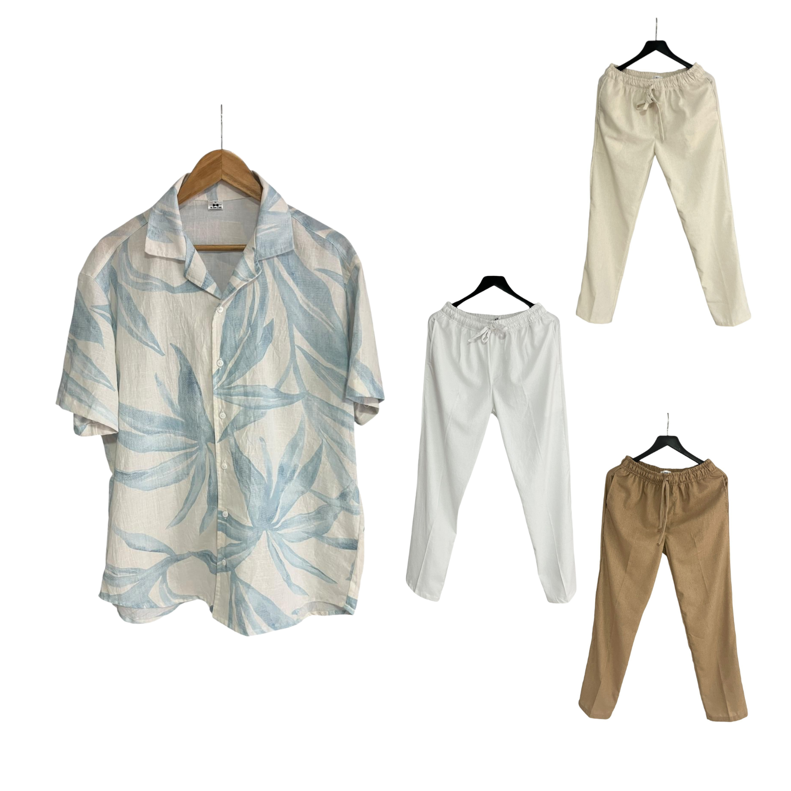 Conjunto Pantalon Lino / Camisa Hojas Palmas Azules Lino