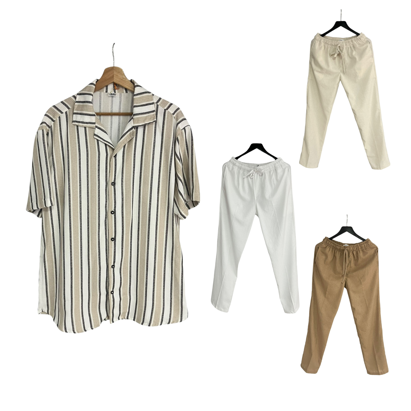 Conjunto Pantalon Lino / Camisa Rayas Crema Algodon Tejido