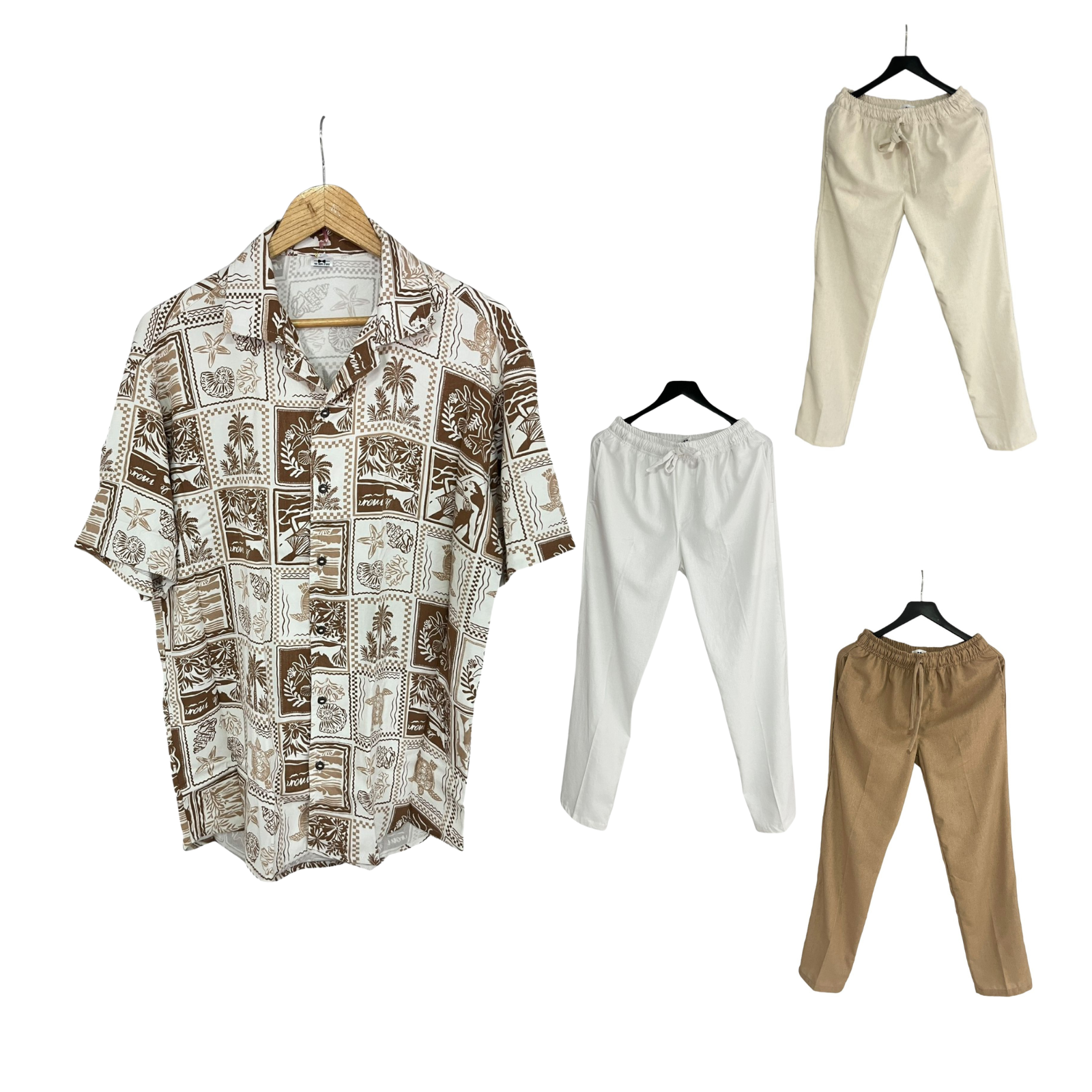 Conjunto Pantalon Lino / Camisa Cafe Cuadros Playa Rayon