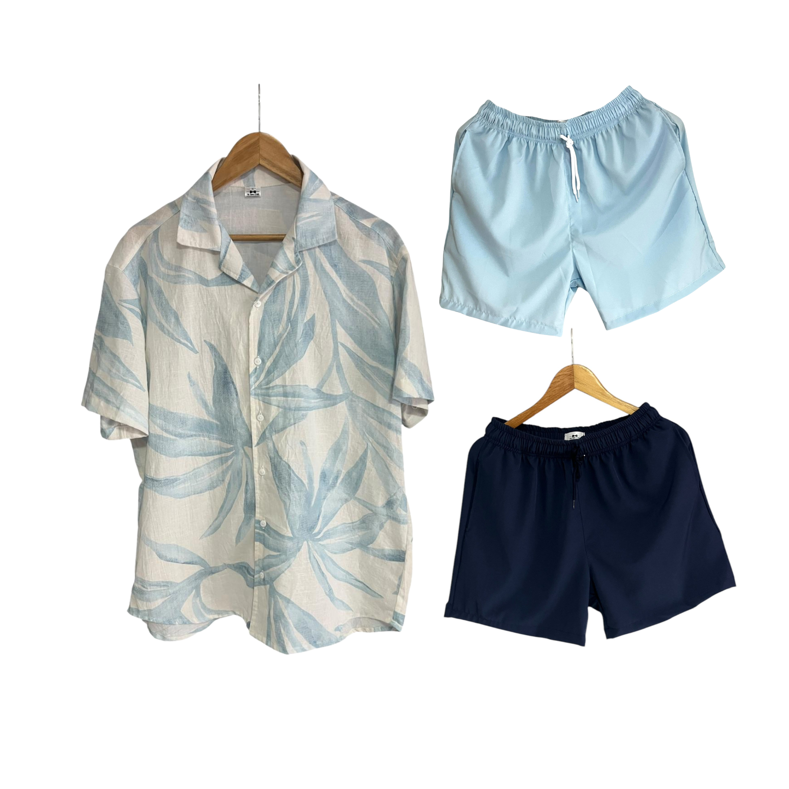 Conjunto Hojas Palmas Azules Lino / Bermuda Bañadora sin Malla