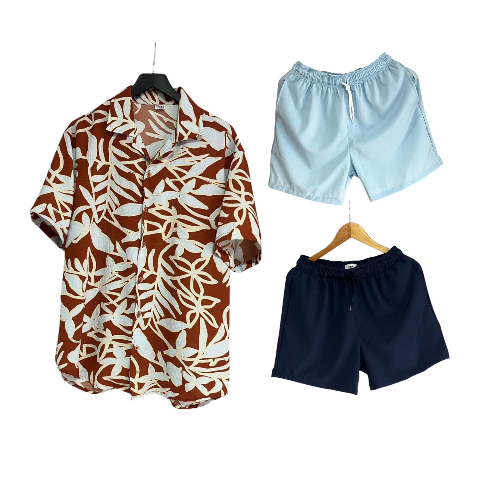 Conjunto Tropical Vinotinto Hojas Azul Cielo Seda Texturizada / Bañadora sin Malla