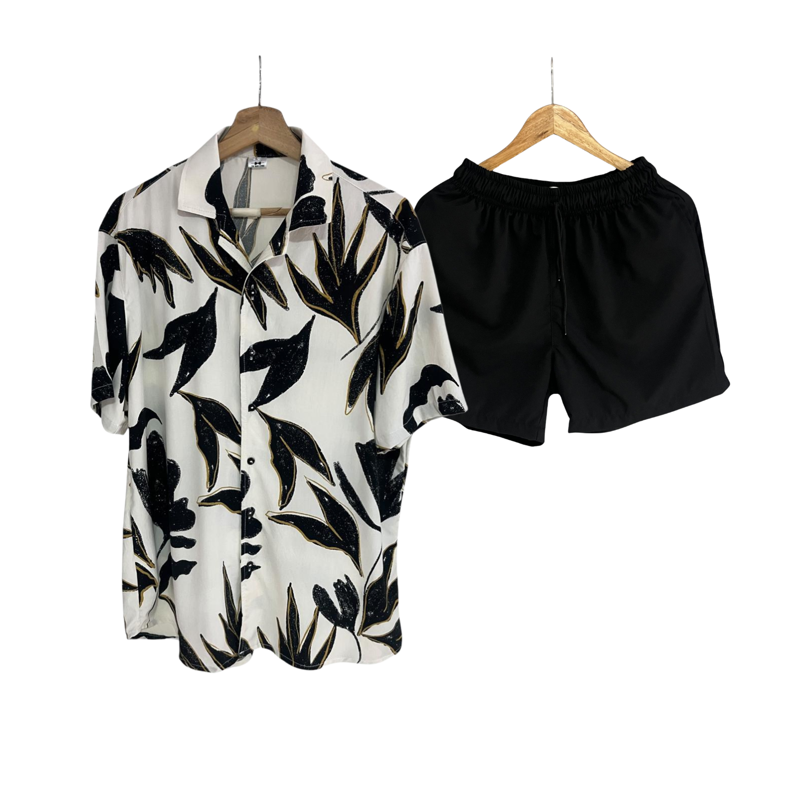 Conjunto Floral Negro Fondo Blanco Rayon Regular Fit / Bañadora Sin Malla