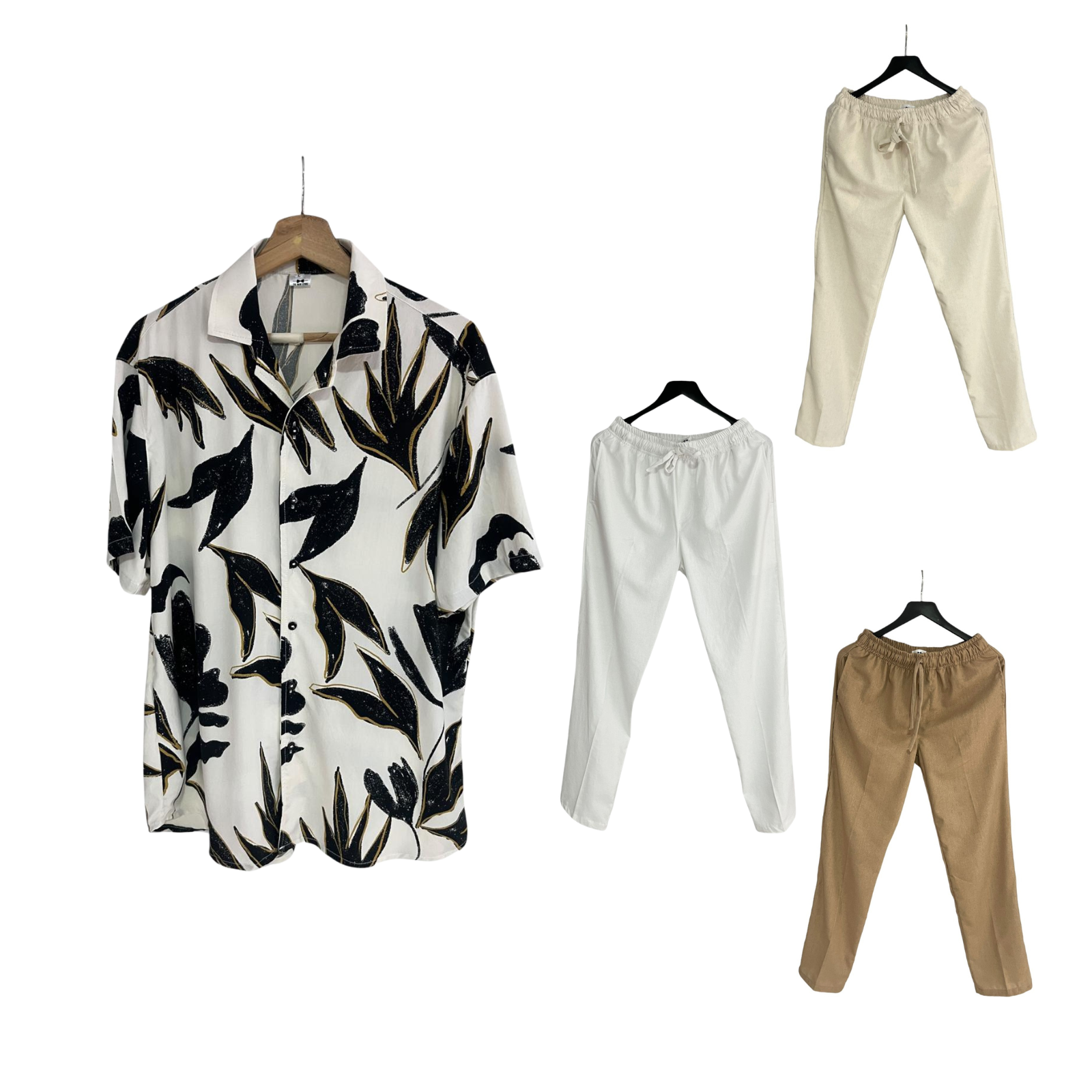 Conjunto Pantalon Lino / Camisa Floral Negra Fondo Blanco Rayon