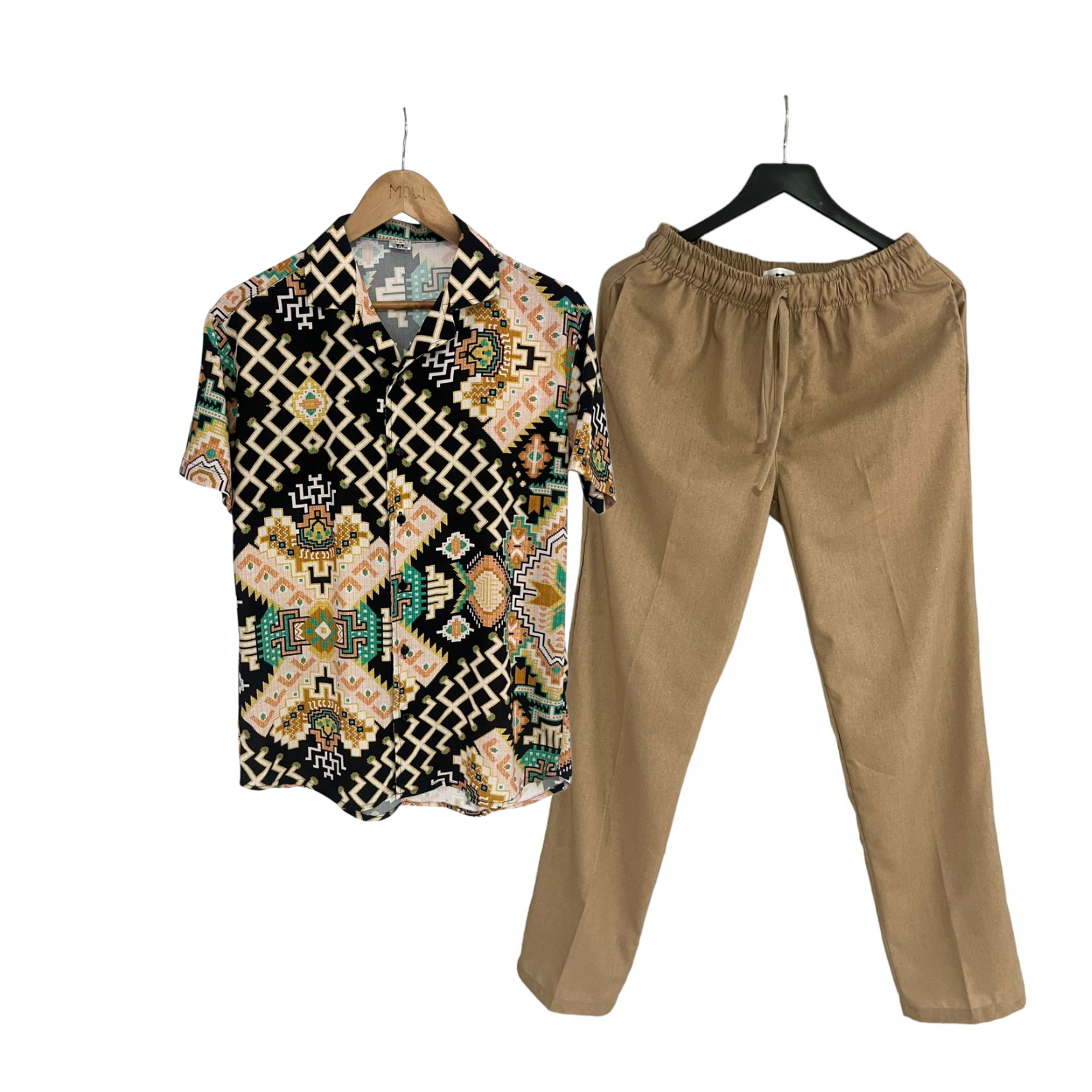 Conjunto Tribalera Negra Pantalon Lino Kaki