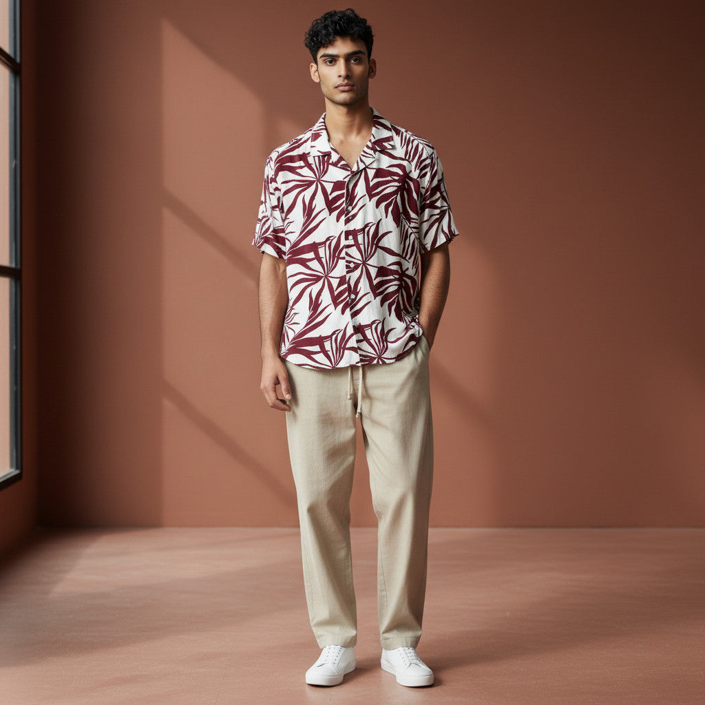 Conjunto Palmar Vino Rayon Pantalon Lino Crudo