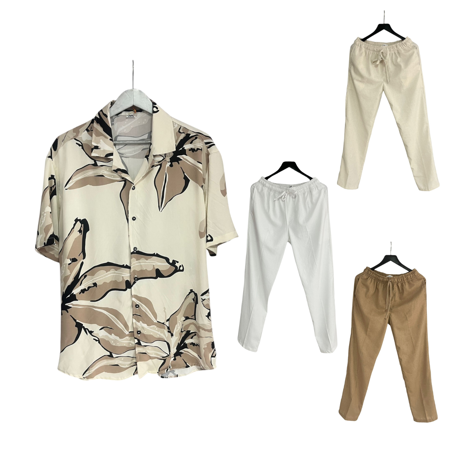 Conjunto Pantalon Lino / Camisa Floral Crema Regular Fit Rayon