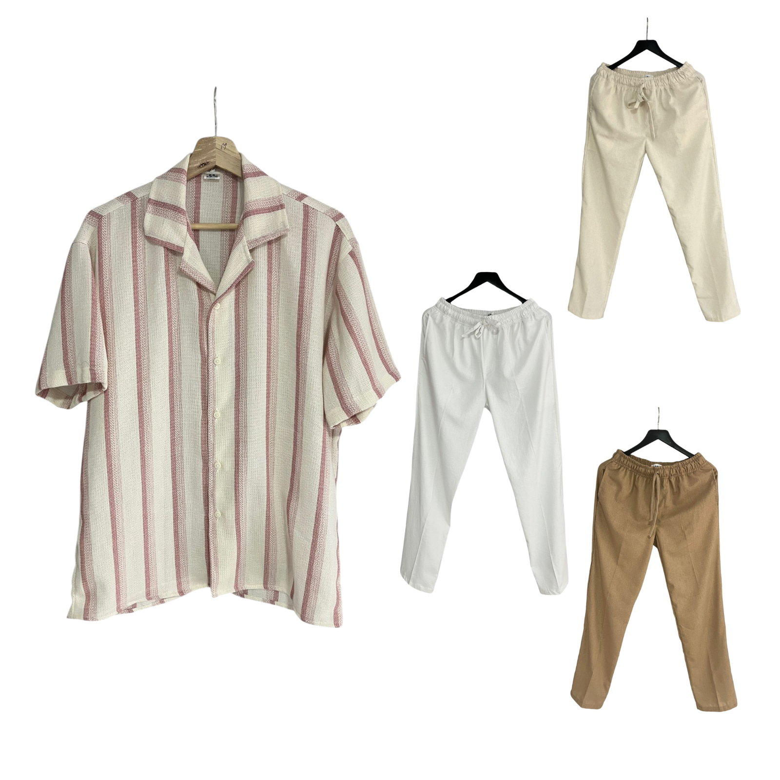 Conjunto Pantalon Lino / Camisa Tejida Rosa Rayas Regular Fit