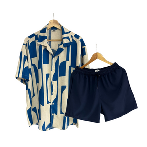 Conjunto Mandraque Lino / Bañadora Sin Malla Azul Oscuro